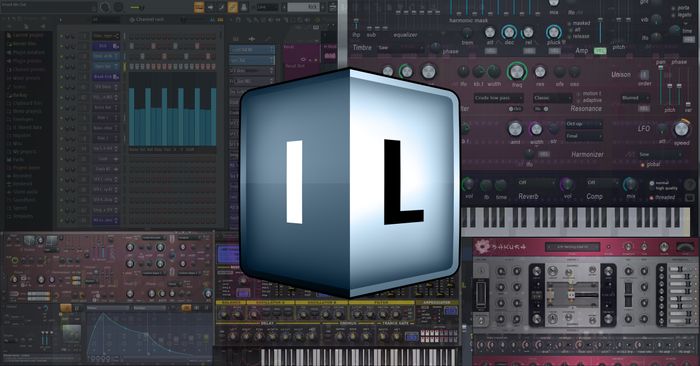 Image-Line logo over screenshots of FL Studio and its plugins